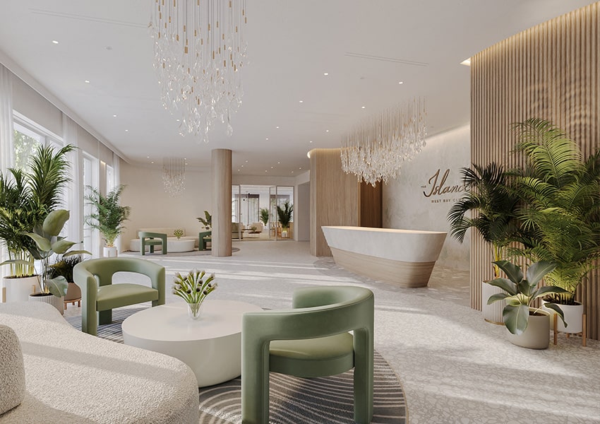 Secure Lobby Elegant Island West Bay lobby with modern seating, natural lighting, and refined coastal interior design