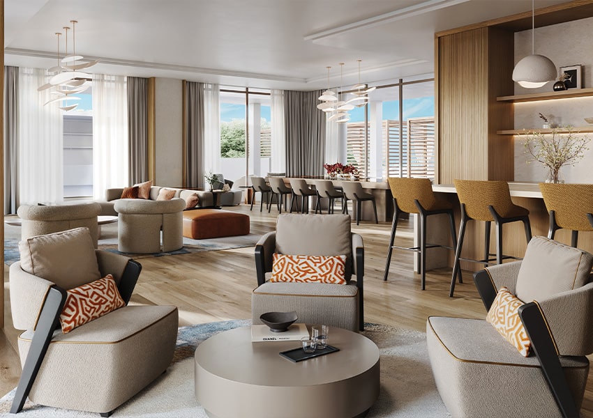Clubhouse Island West Bay club room with modern lounge seating, bar area, and large windows overlooking outdoor spaces