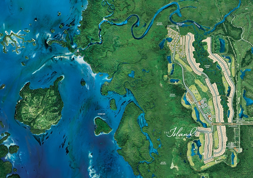 Illustrated map showing a coastal estuary with mangrove islands on the left and the community of The Island at West Bay.